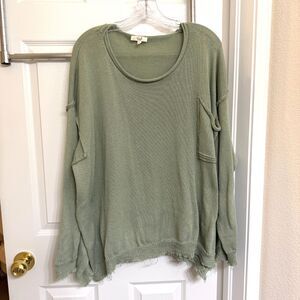 Easel Los Angeles Round Neck Raw Hem Sweater w/ Chest Pocket - Sage